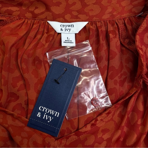 NWT crown & ivy rust icon peasant top boho gypsy leopard animal print L - Picture 6 of 11